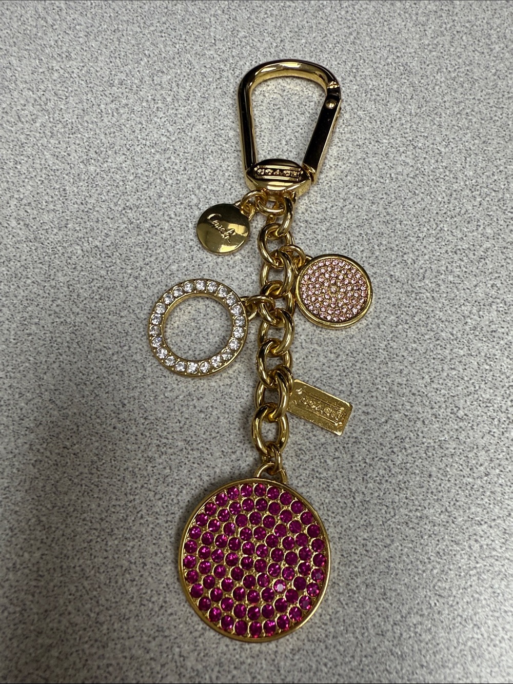 Vintage Coach Gold-Tone Keychain with Pink and Fuchsia Crystal Discs- NWOT